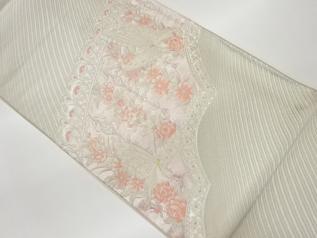 蝶に花々・斜線模様織出し袋帯